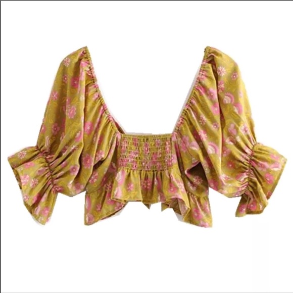Boho Gypsy Dahlia Smocked Crop Peasant Top Floral gold mustard tie blouse - Picture 10 of 13